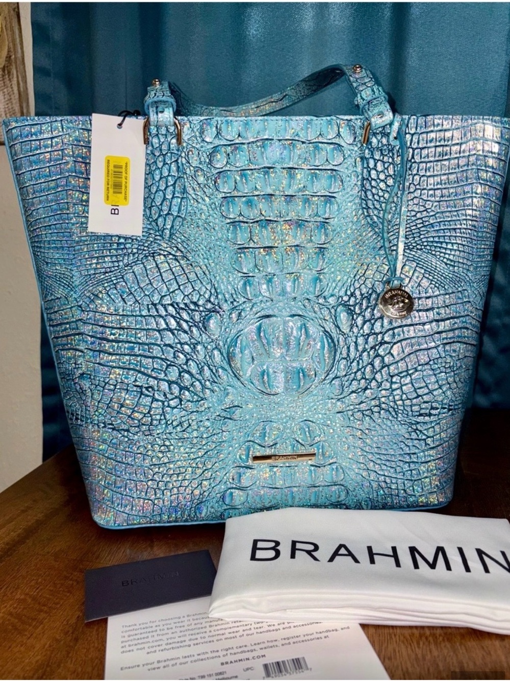 NWT~Brahmin Iridescent Aqua Croc-Embossed Leather Tote-Large~ Three Full Eyes!